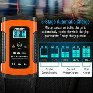 FOXSUR 12V Automatic Smart Pulse Car Battery Repair Charger with LCD Display