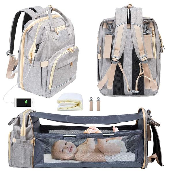 BayBaby 2-in-1 Backpack- Crib, Diaper Bag, Sun Shade, & USB Integration